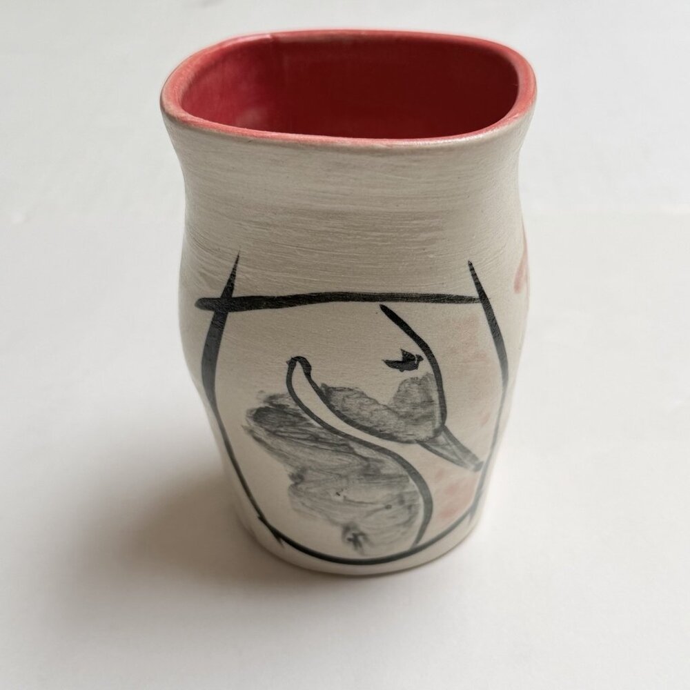 Art Pottery Vase Hand Painted Flower Vase Vintage Artist Signed Bird Gift